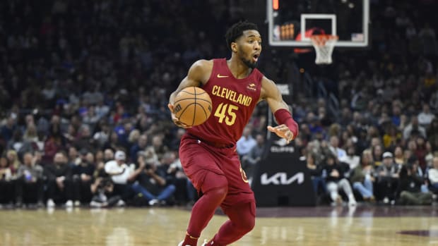 Jan 31, 2024; Cleveland, Ohio, USA; Cleveland Cavaliers guard Donovan Mitchell (45) brings the ball up court in the second quarter against the Detroit Pistons at Rocket Mortgage FieldHouse. Mandatory Credit: David Richard-USA TODAY Sports